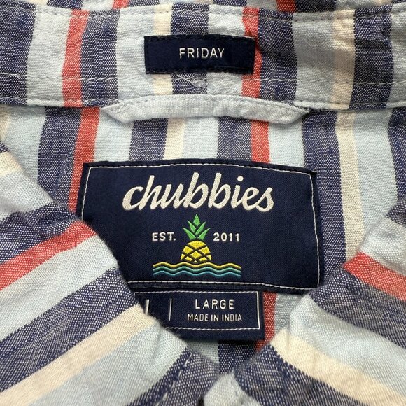 Chubbies Button-Down Shirt Men L Blue Red Striped Friday Short Sleeve - Picture 5 of 12